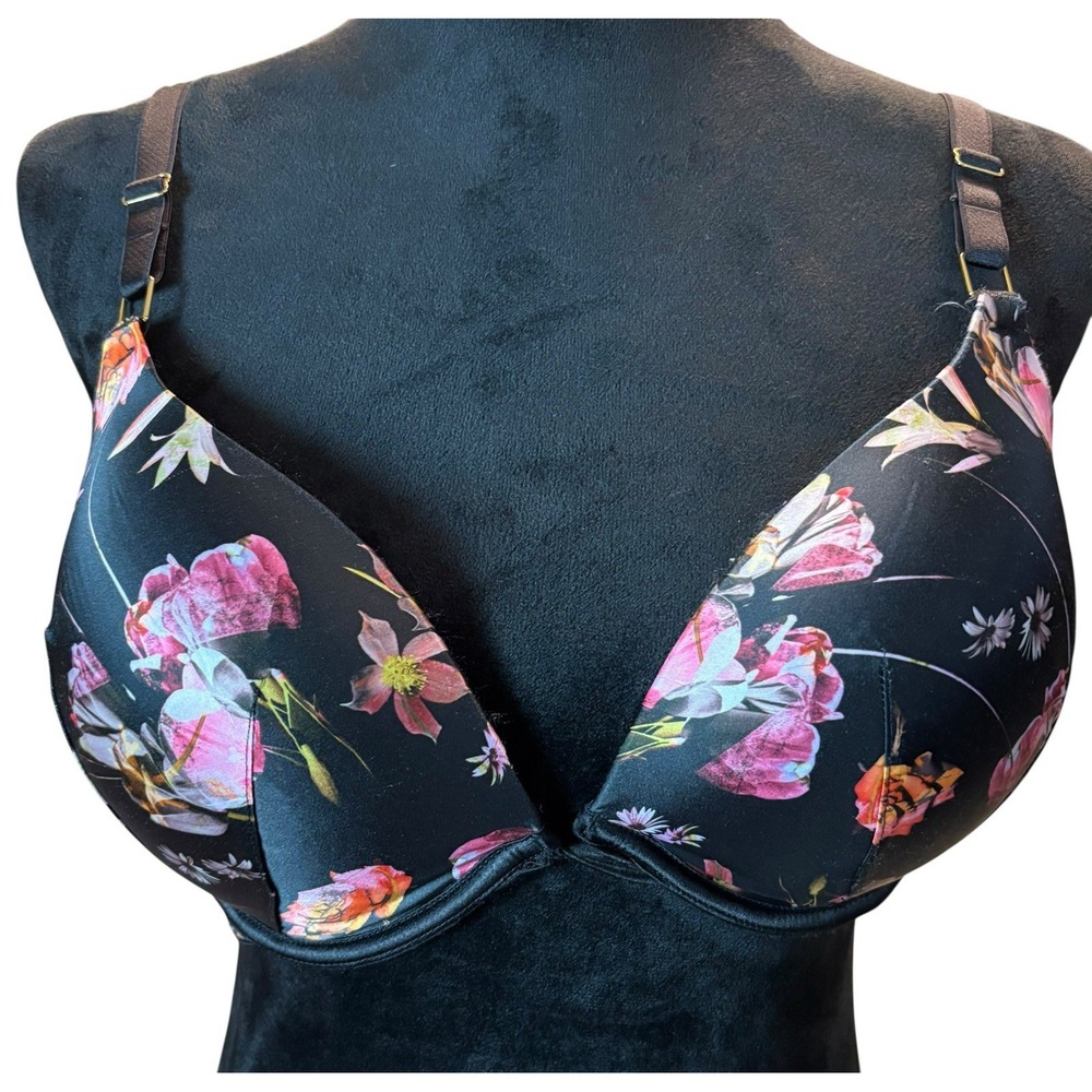 Victoria's Secret Push-up Floral Satin‎ Bra SZ  36DD Padded Underwire Black Pink